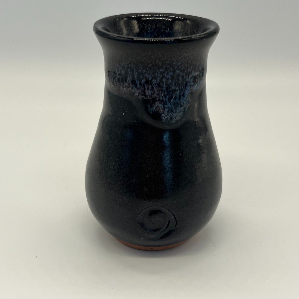 Black Pottery Bud Vase with Swirls Slight Ombre Neck Artist Signed Minimalist